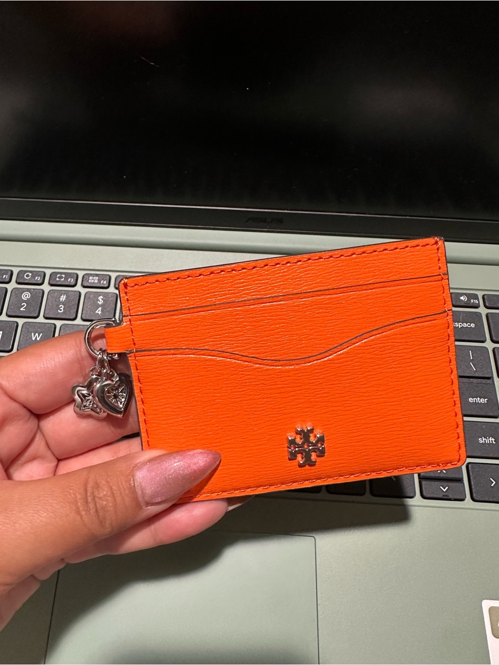 Tory Burch Bright Orange Leather Card Holder with Logo Charm